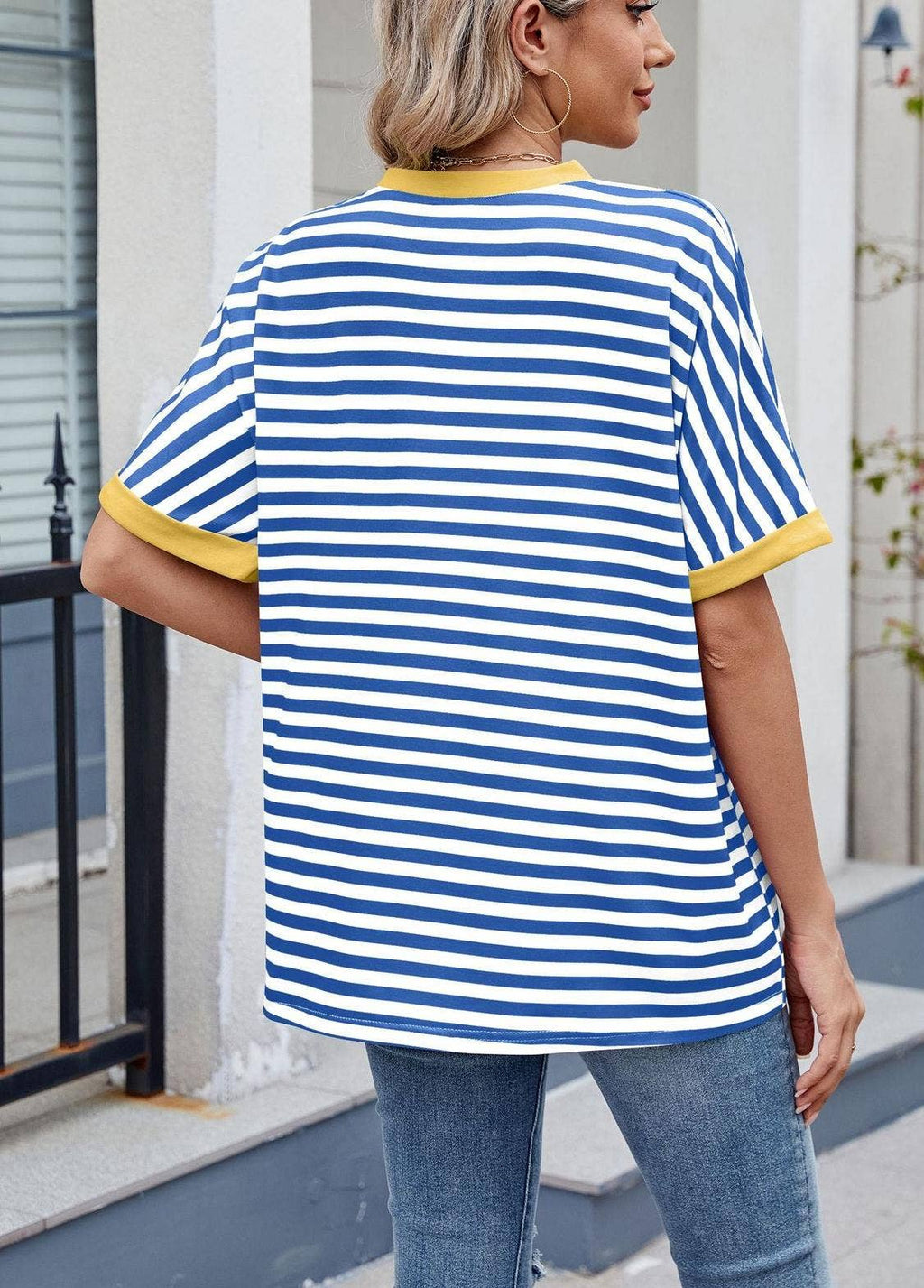 Striped Color Collision Round Neck Loose Short Sleeve T-Shir