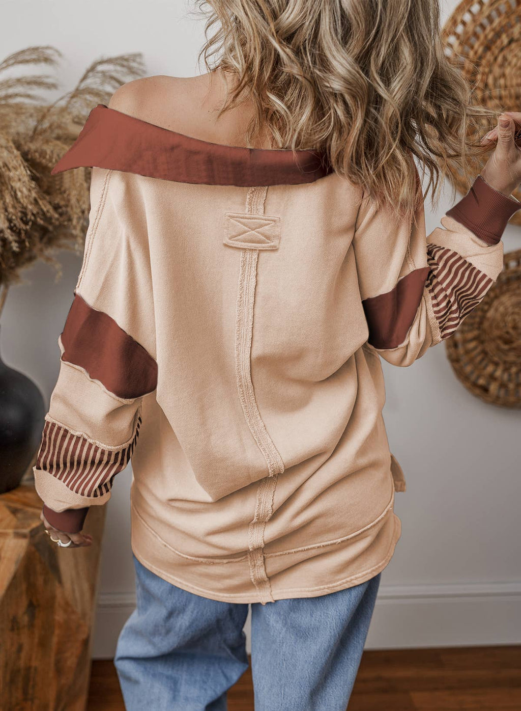 V-Neck Stripe Colorblock Long Sleeve Loose Casual Sweatshirt