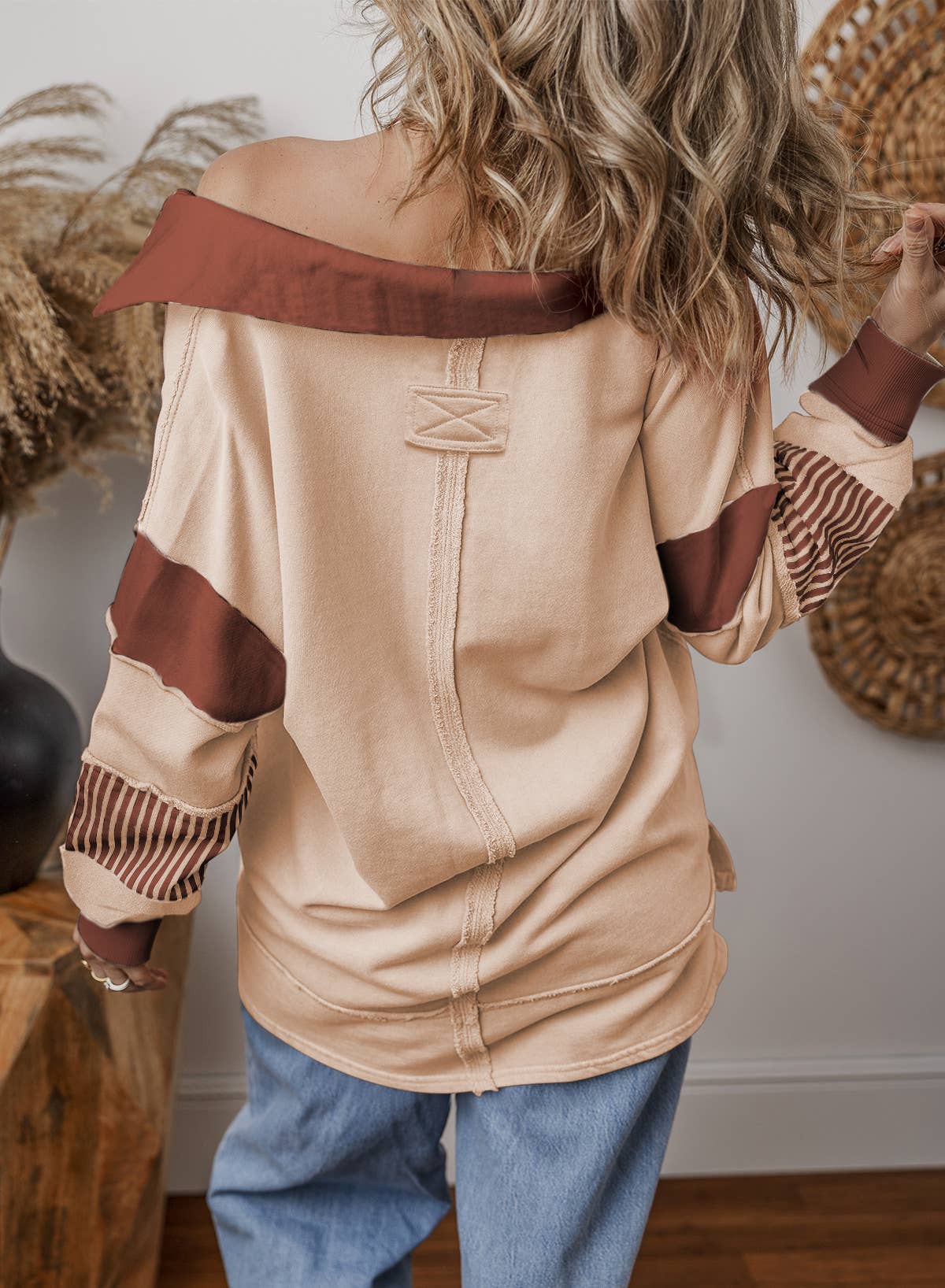 V-Neck Stripe Colorblock Long Sleeve Loose Casual Sweatshirt