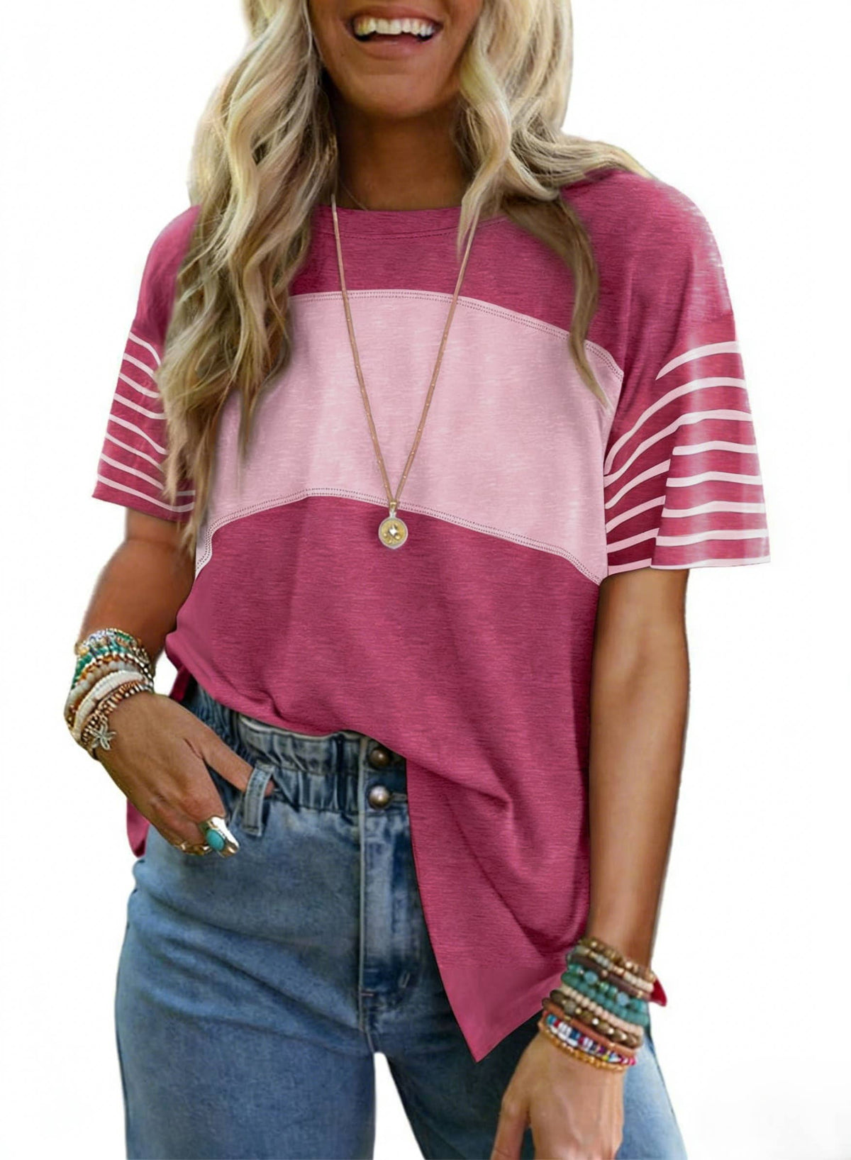 Color Block Striped Sleeve T-Shirt