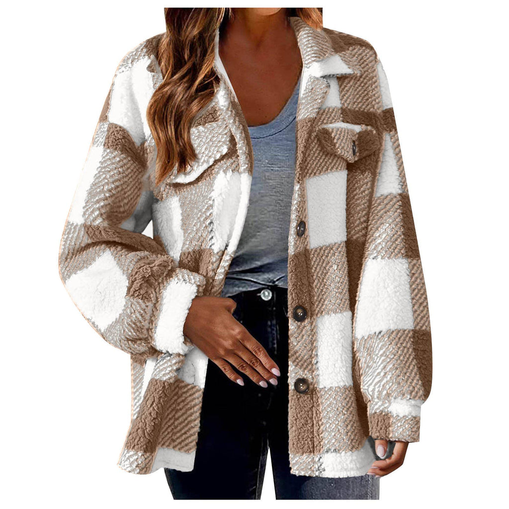 Women Plaid Fleece Shacket Button Up Warm Fall Jacket