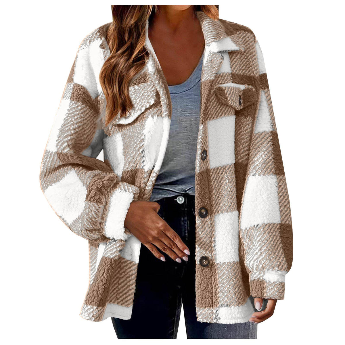 Women Plaid Fleece Shacket Button Up Warm Fall Jacket