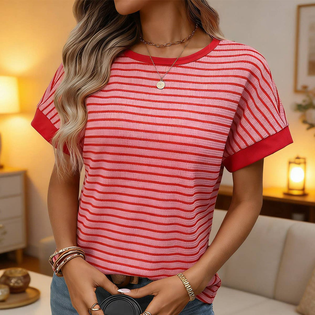 Casual crew-neck patchwork short-sleeved T-shirt