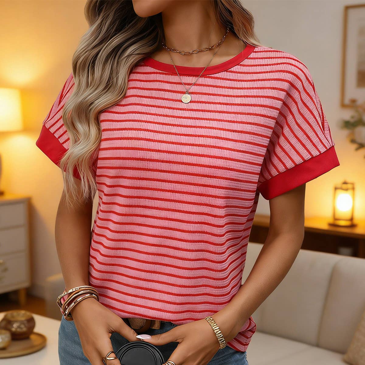 Casual crew-neck patchwork short-sleeved T-shirt