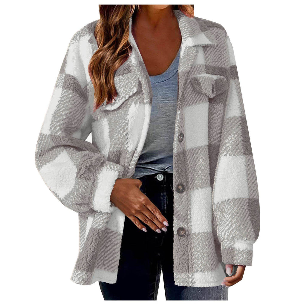 Women Plaid Fleece Shacket Button Up Warm Fall Jacket