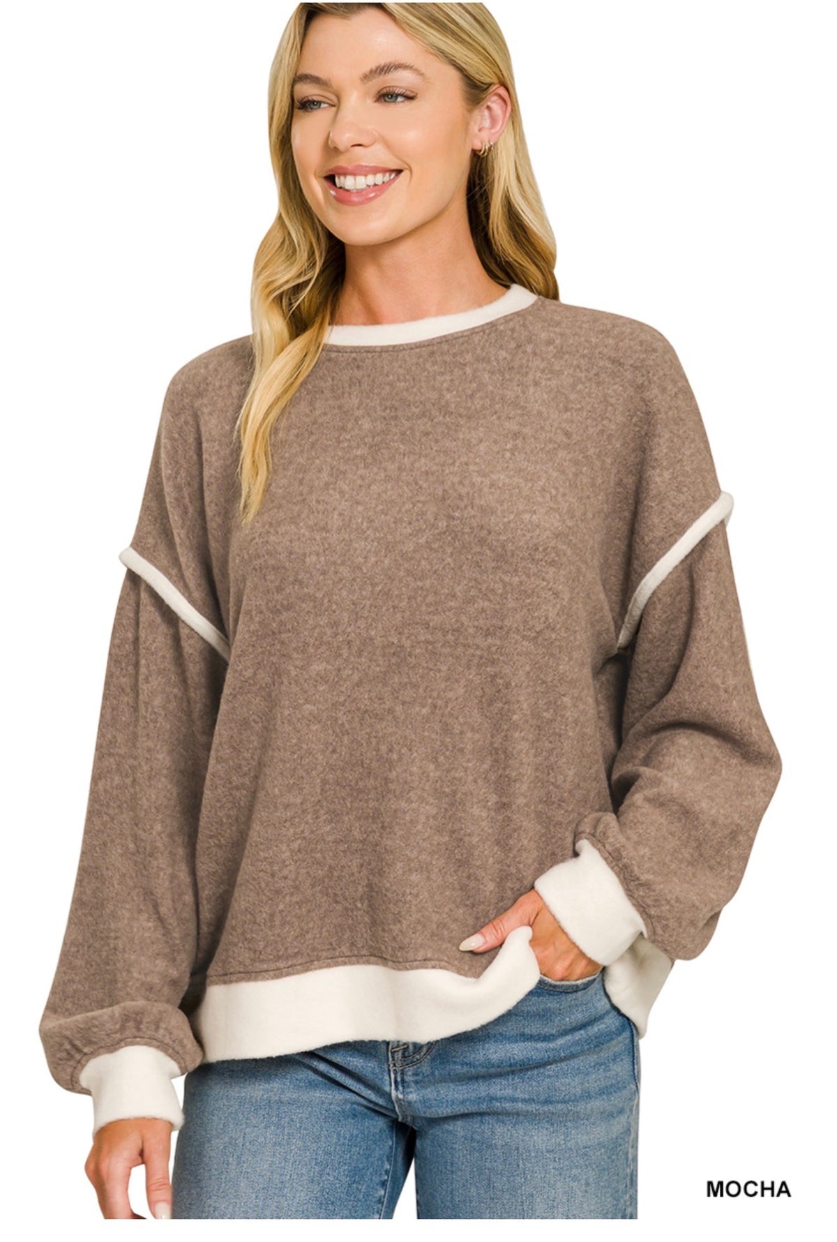 Zenana Brushed Melange Hacci Trim Sweater