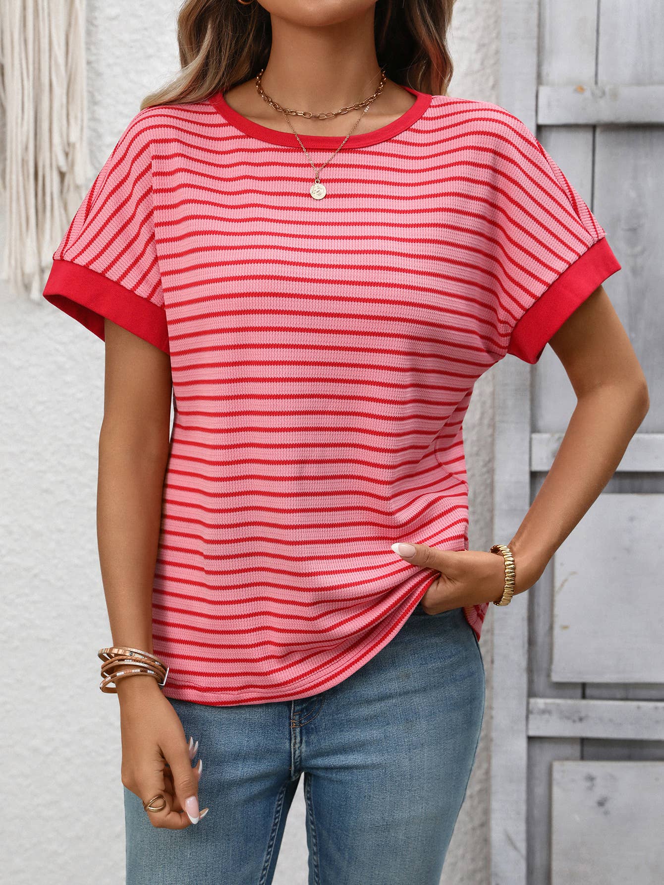 Casual crew-neck patchwork short-sleeved T-shirt