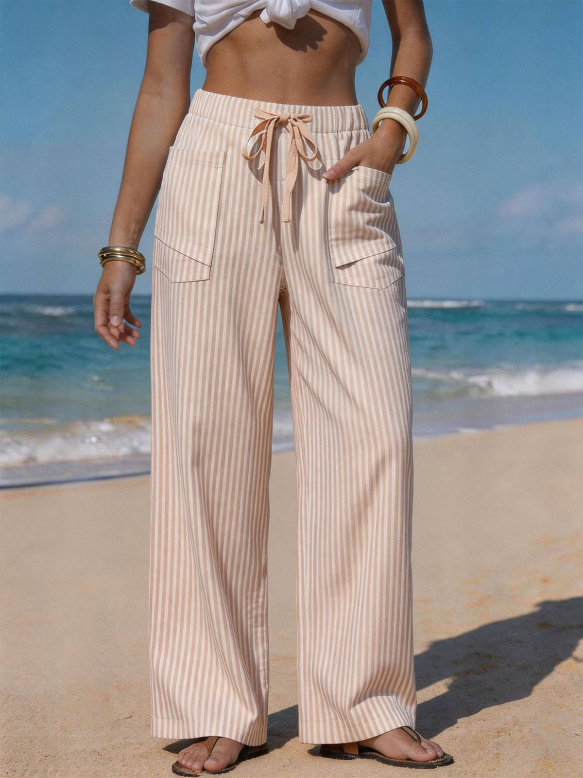 Drawstring Pocket Beach Casual Pants