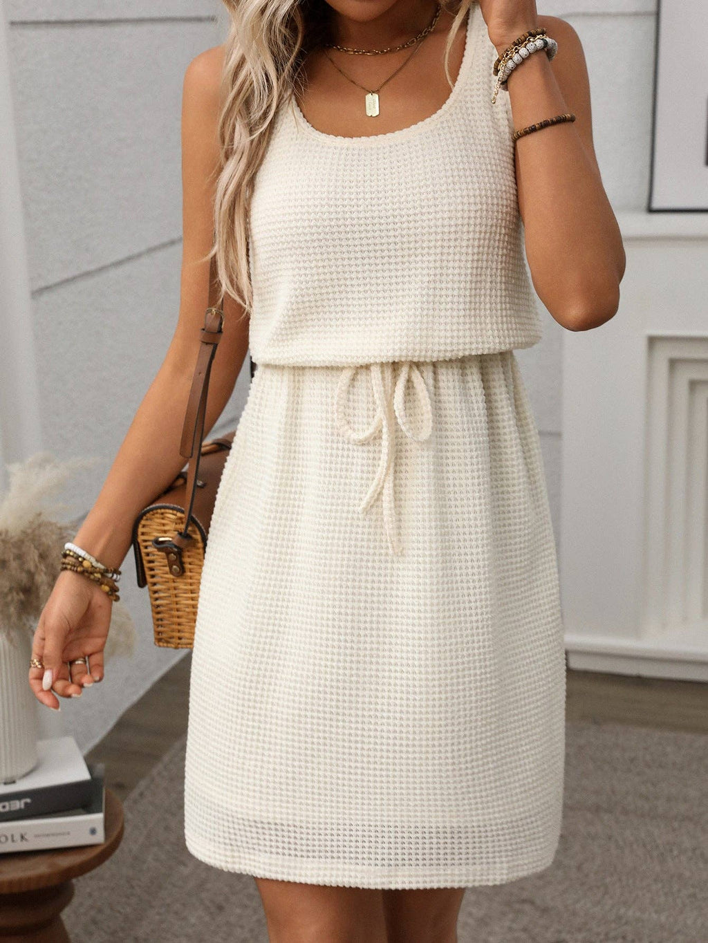 Sleeveless Drawstring Waist Mini Dress Casual Summer