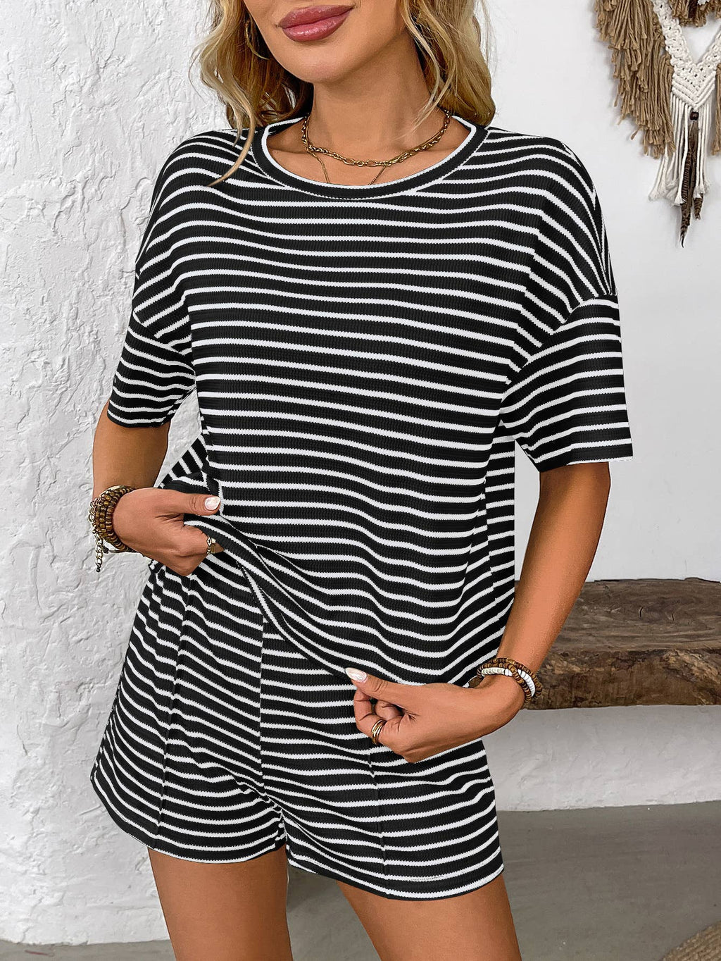 Knit striped fashion casual shorts tracksuit