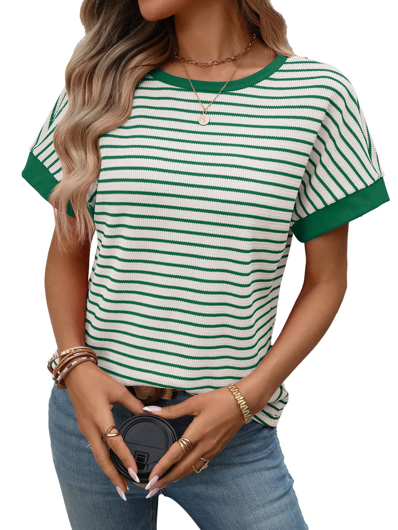 Casual crew-neck patchwork short-sleeved T-shirt