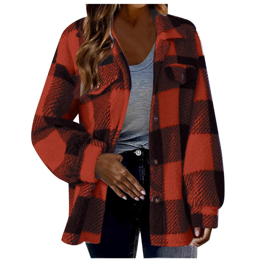 Women Plaid Fleece Shacket Button Up Warm Fall Jacket