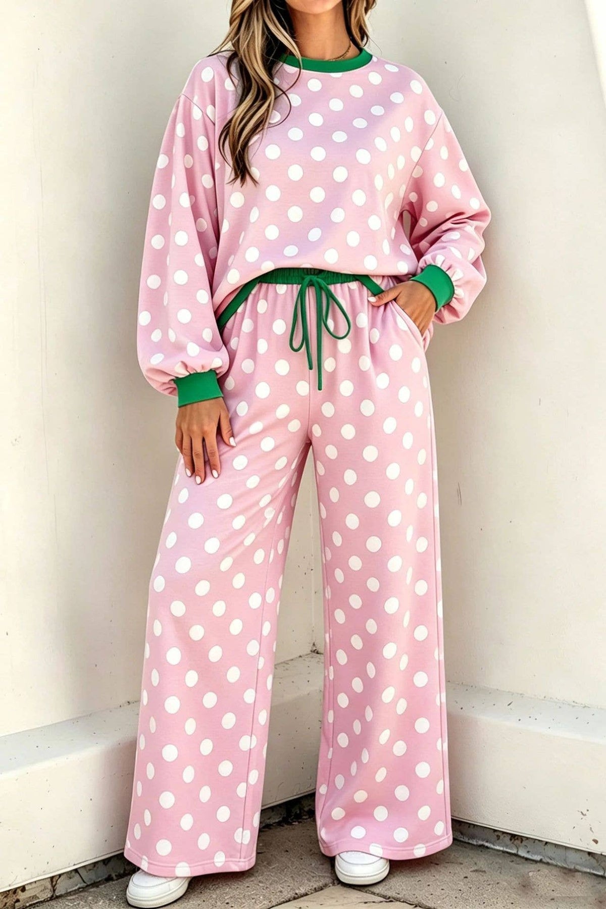 Versatile Two Tone Polka Dots Crewneck Top 2PC Set
