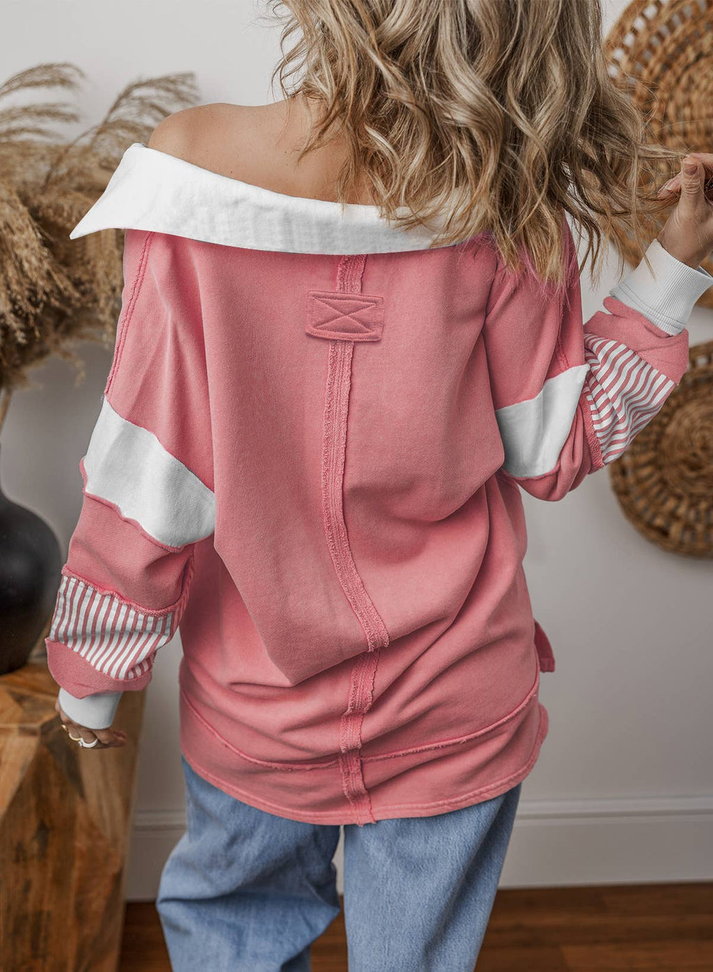 V-Neck Stripe Colorblock Long Sleeve Loose Casual Sweatshirt