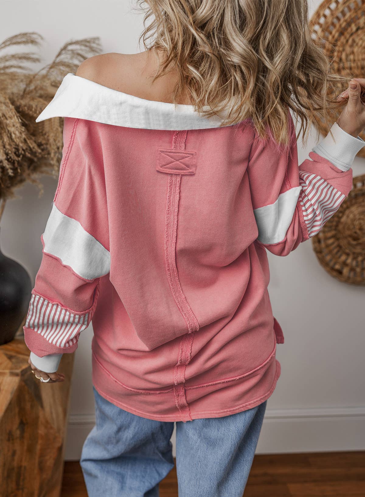 V-Neck Stripe Colorblock Long Sleeve Loose Casual Sweatshirt