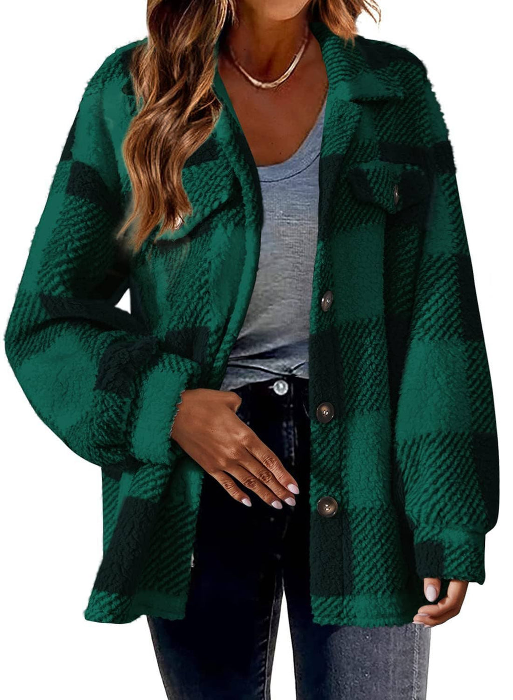 Women Plaid Fleece Shacket Button Up Warm Fall Jacket