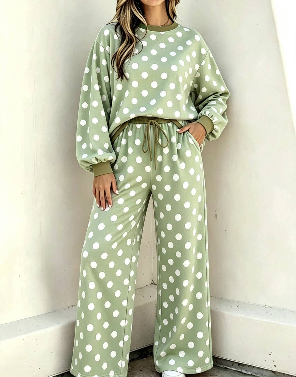 Versatile Two Tone Polka Dots Crewneck Top 2PC Set