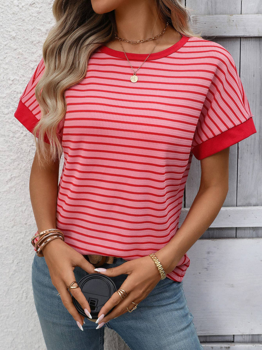 Casual crew-neck patchwork short-sleeved T-shirt