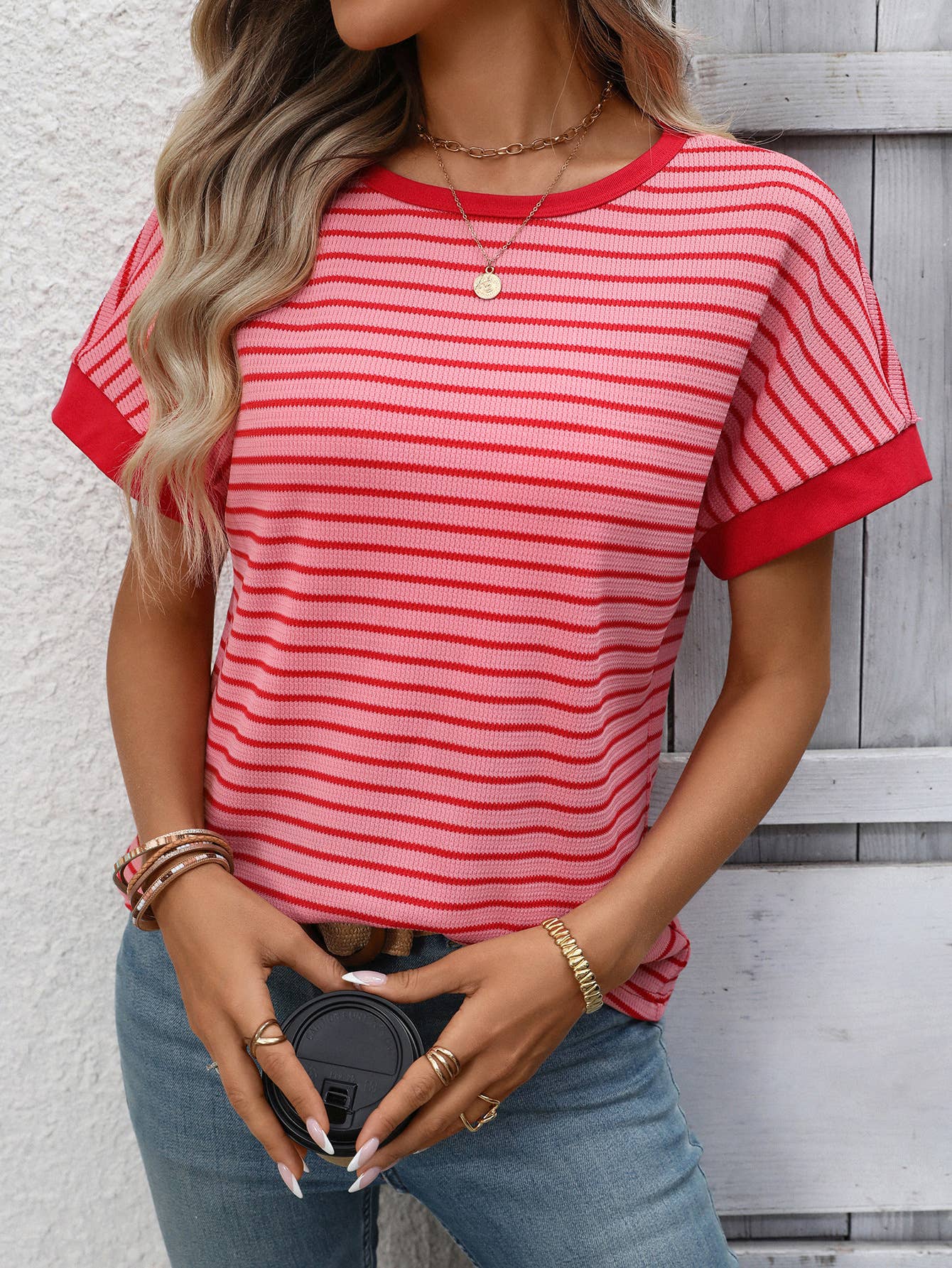 Casual crew-neck patchwork short-sleeved T-shirt