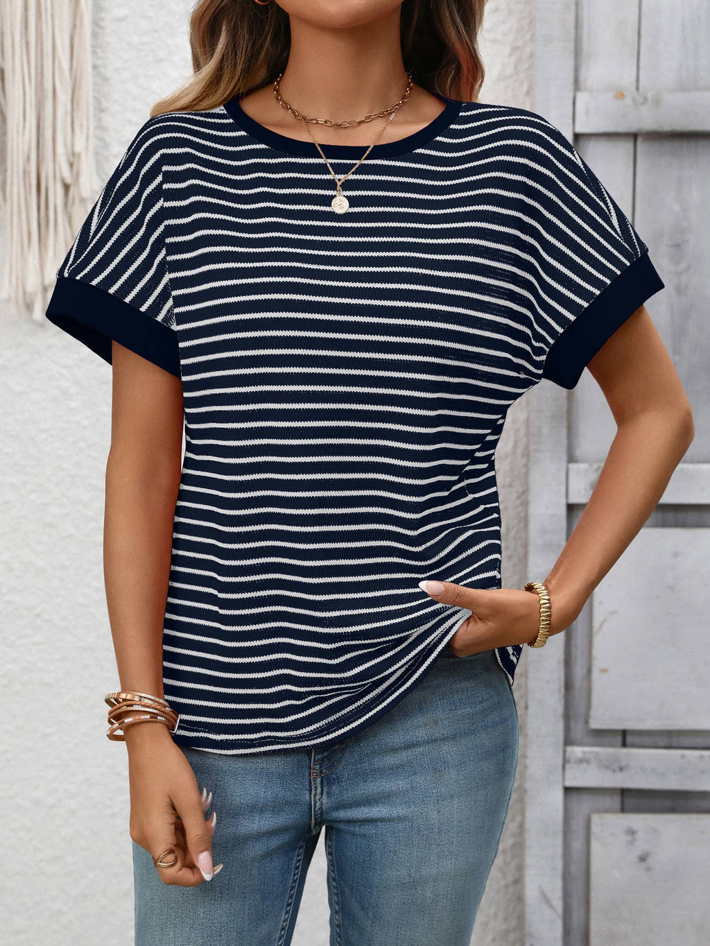 Casual crew-neck patchwork short-sleeved T-shirt