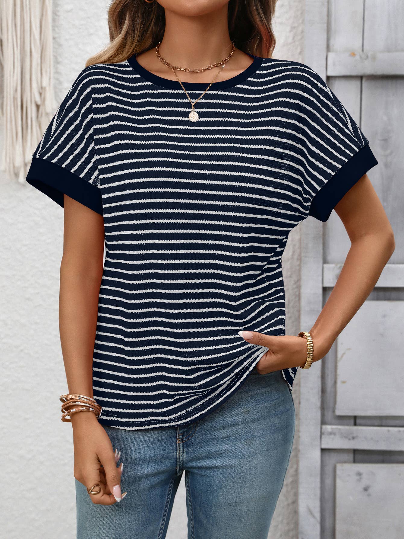 Casual crew-neck patchwork short-sleeved T-shirt