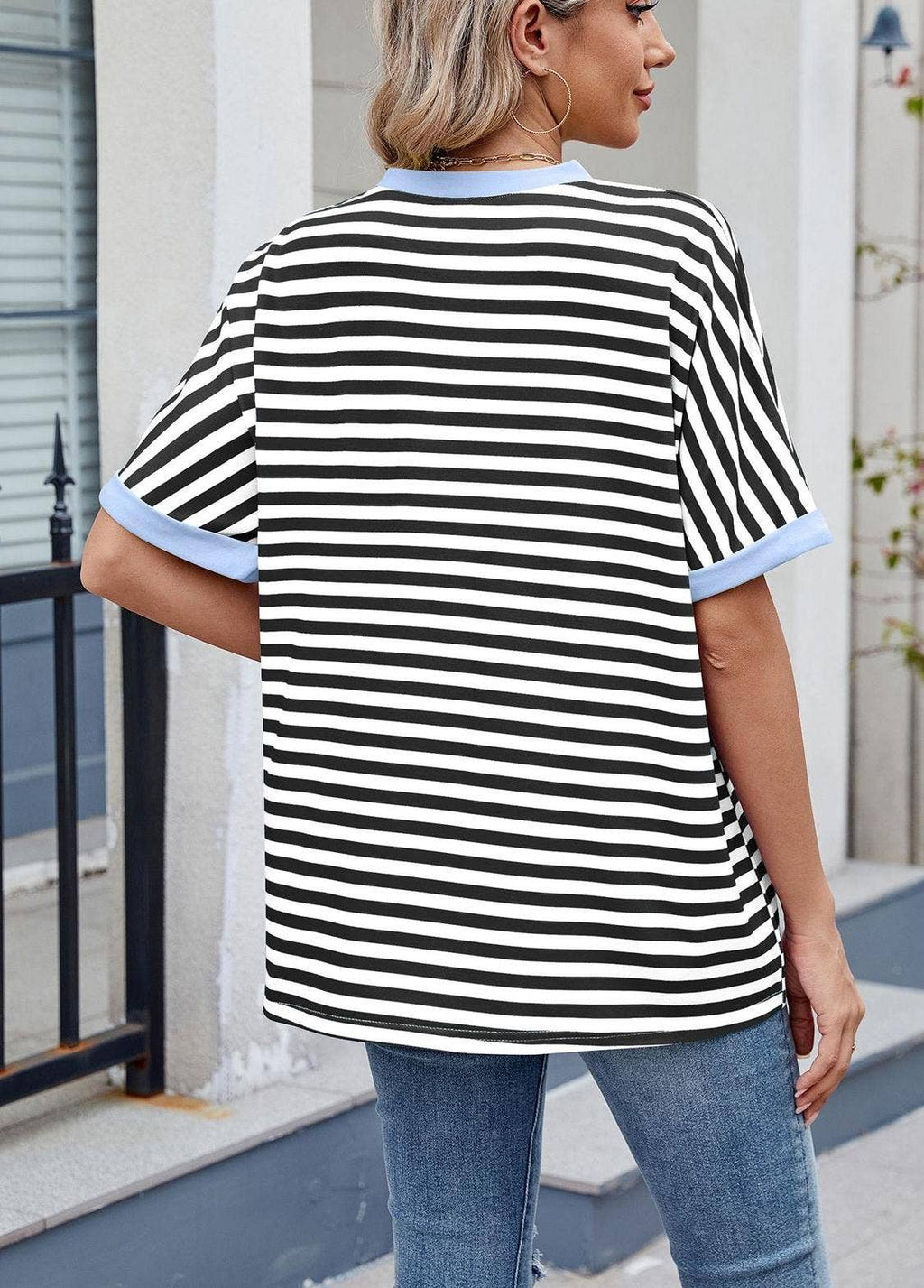Striped Color Collision Round Neck Loose Short Sleeve T-Shir