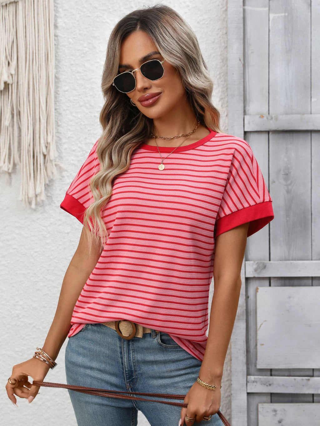 Casual crew-neck patchwork short-sleeved T-shirt