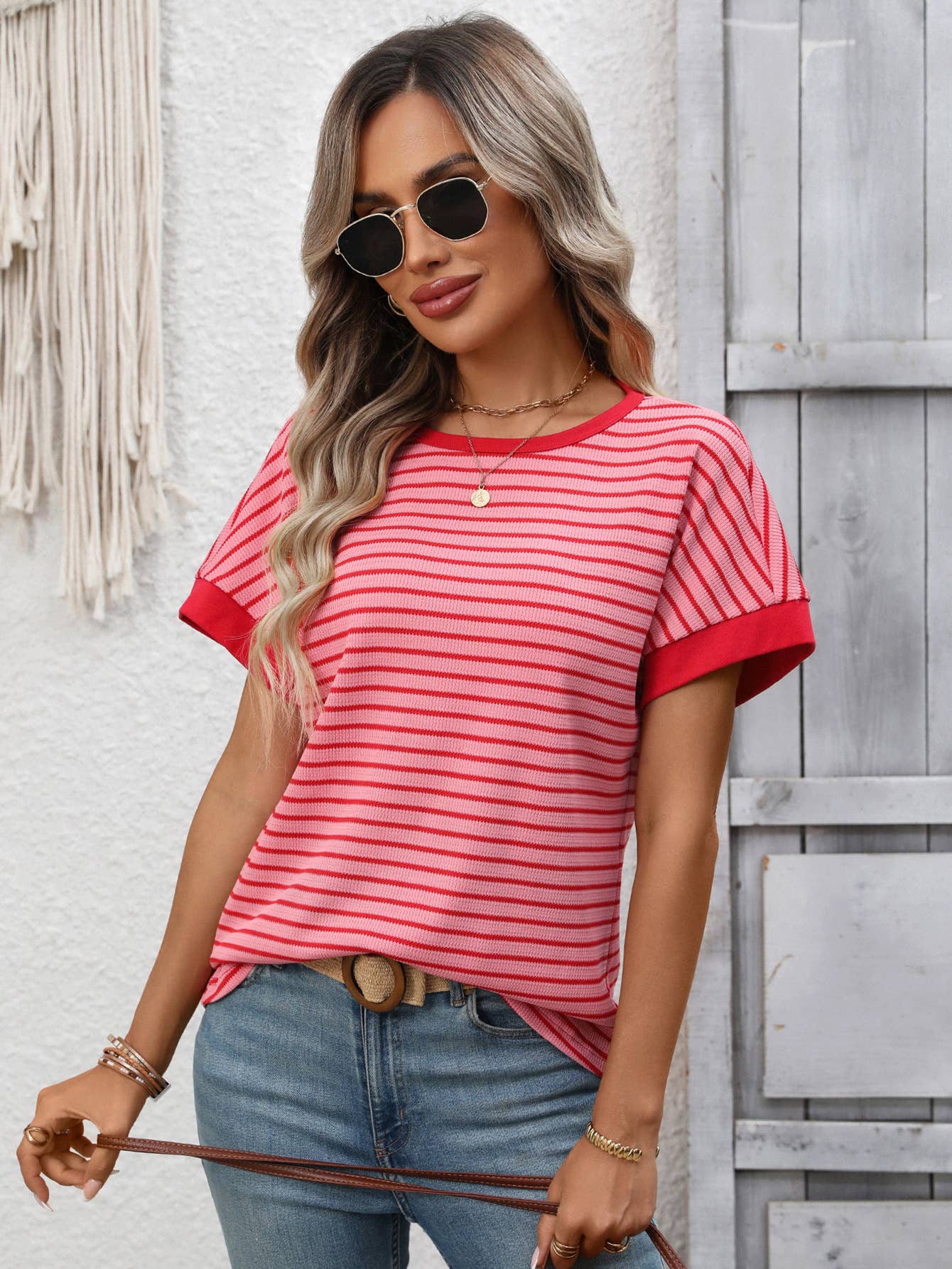Casual crew-neck patchwork short-sleeved T-shirt