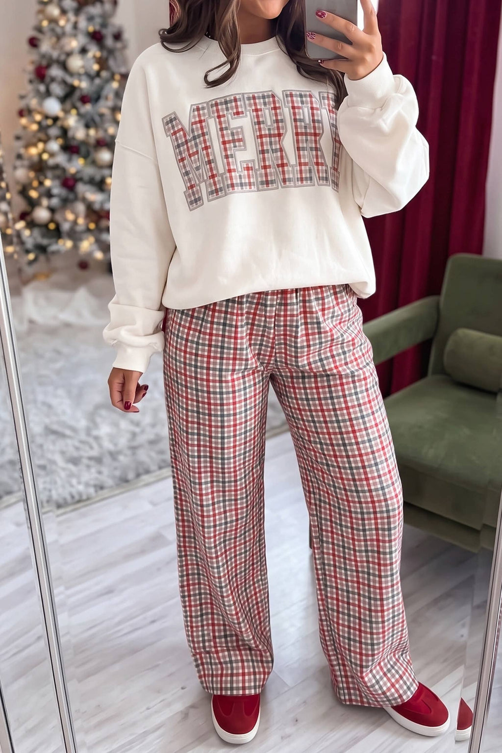Merry Plaid Letter Sweatshirt & Plaid Pants Set