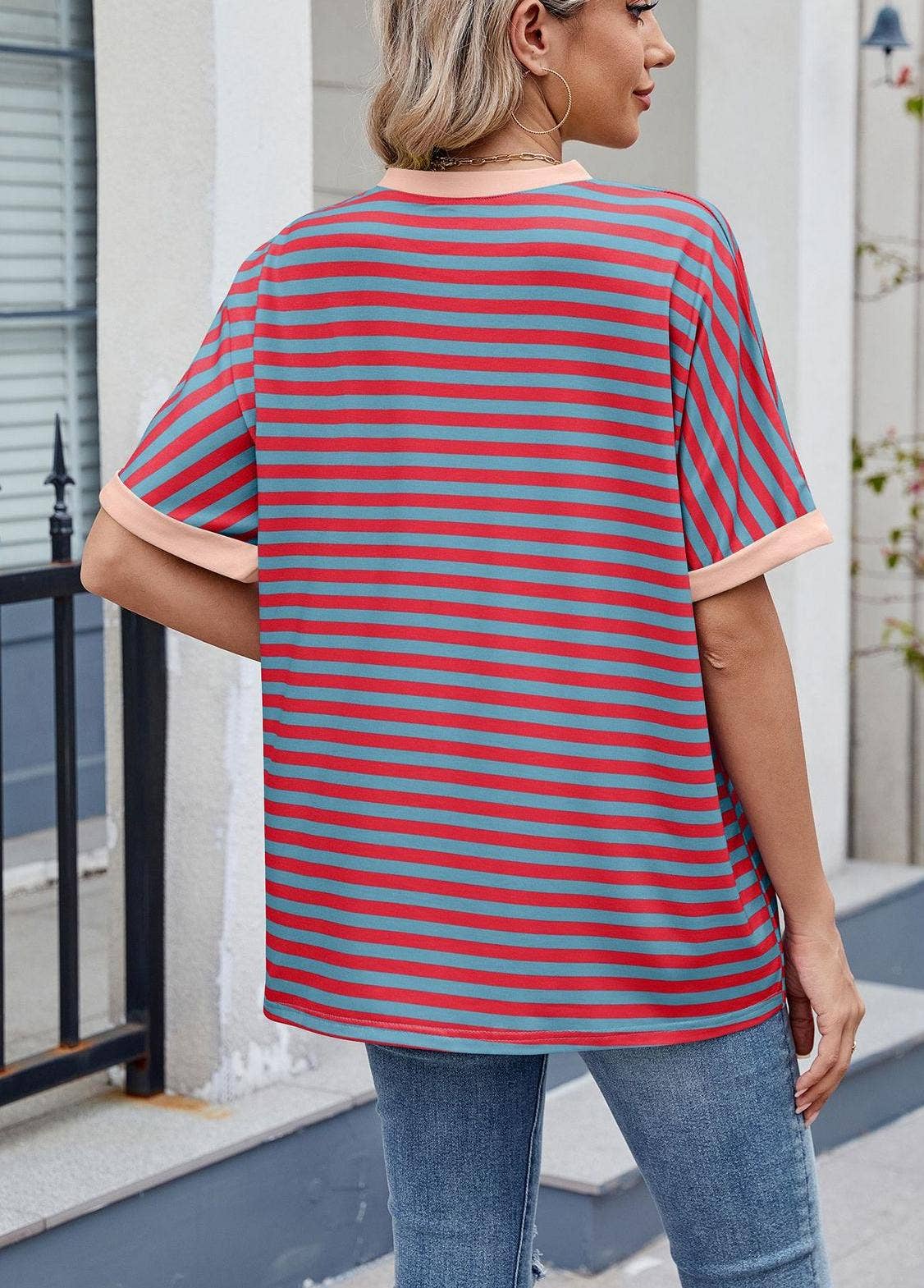 Striped Color Collision Round Neck Loose Short Sleeve T-Shir
