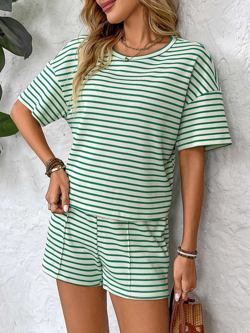 Knit striped fashion casual shorts tracksuit