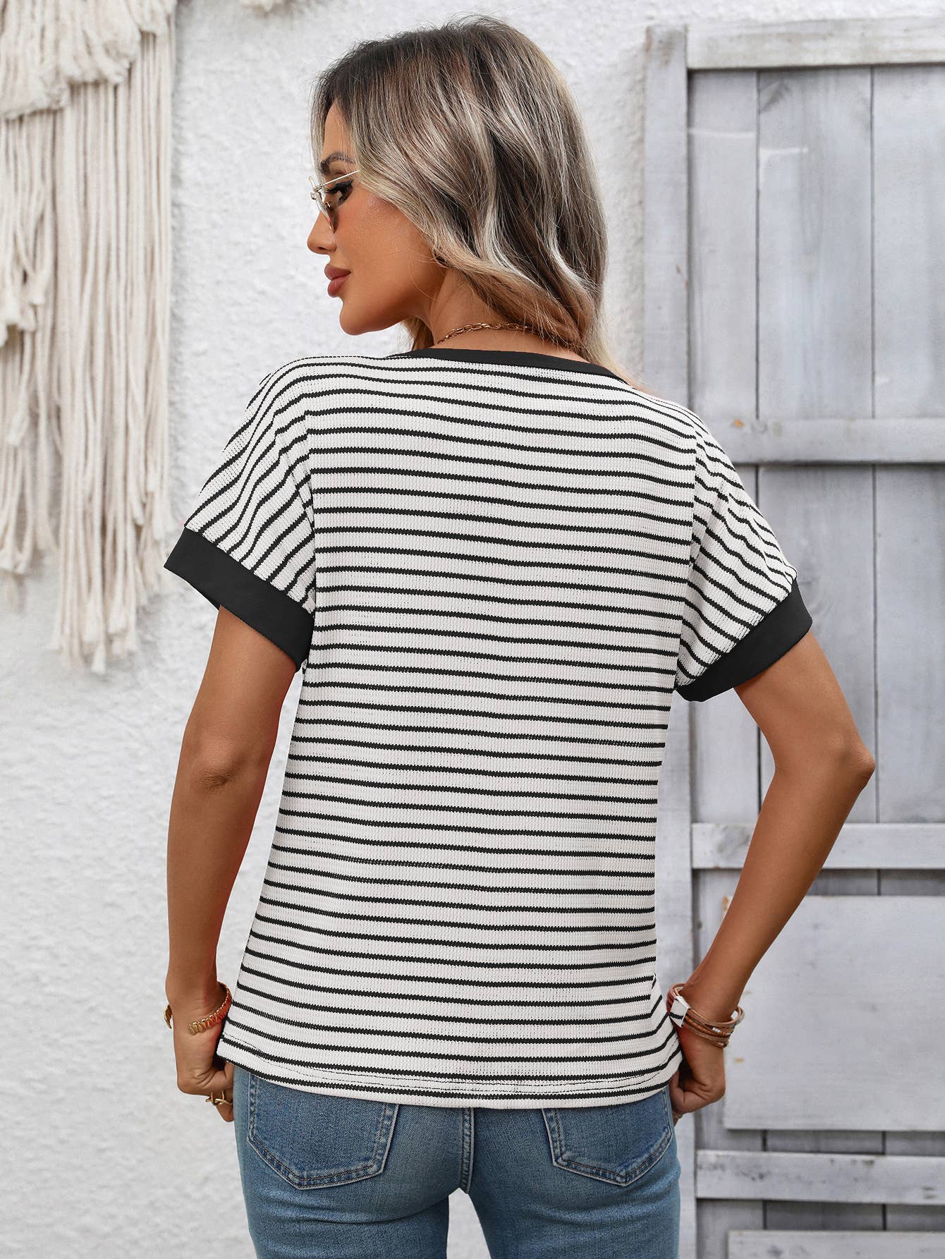 Casual crew-neck patchwork short-sleeved T-shirt