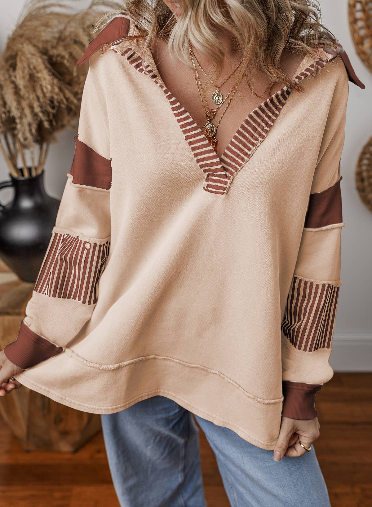 V-Neck Stripe Colorblock Long Sleeve Loose Casual Sweatshirt