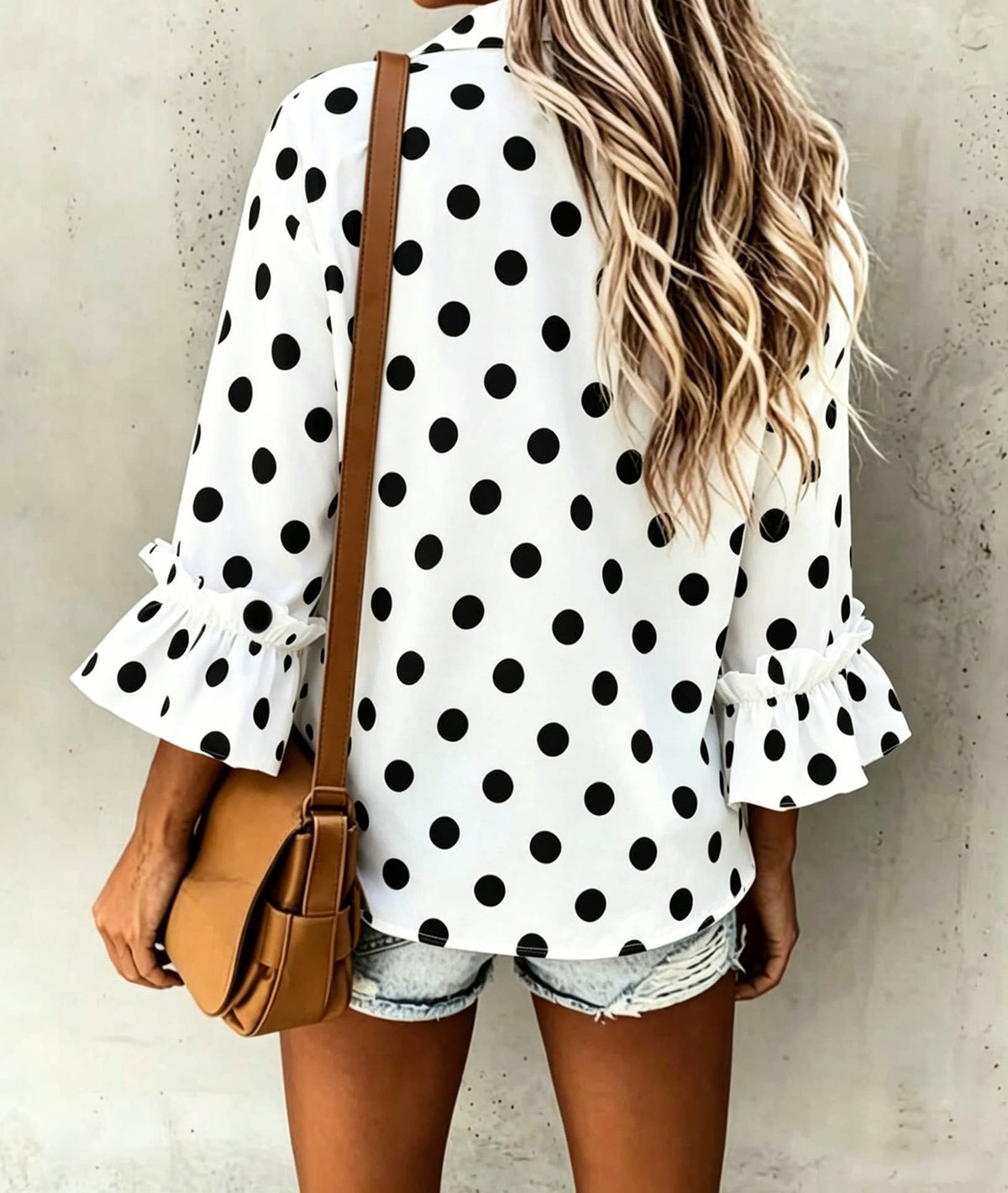 Polka Dots ruffle 3/4 sleeve button up blouse