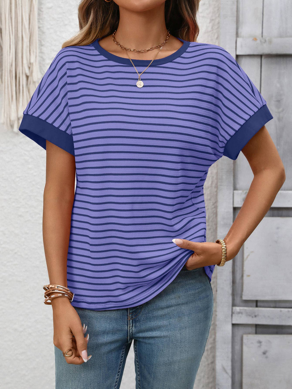 Casual crew-neck patchwork short-sleeved T-shirt
