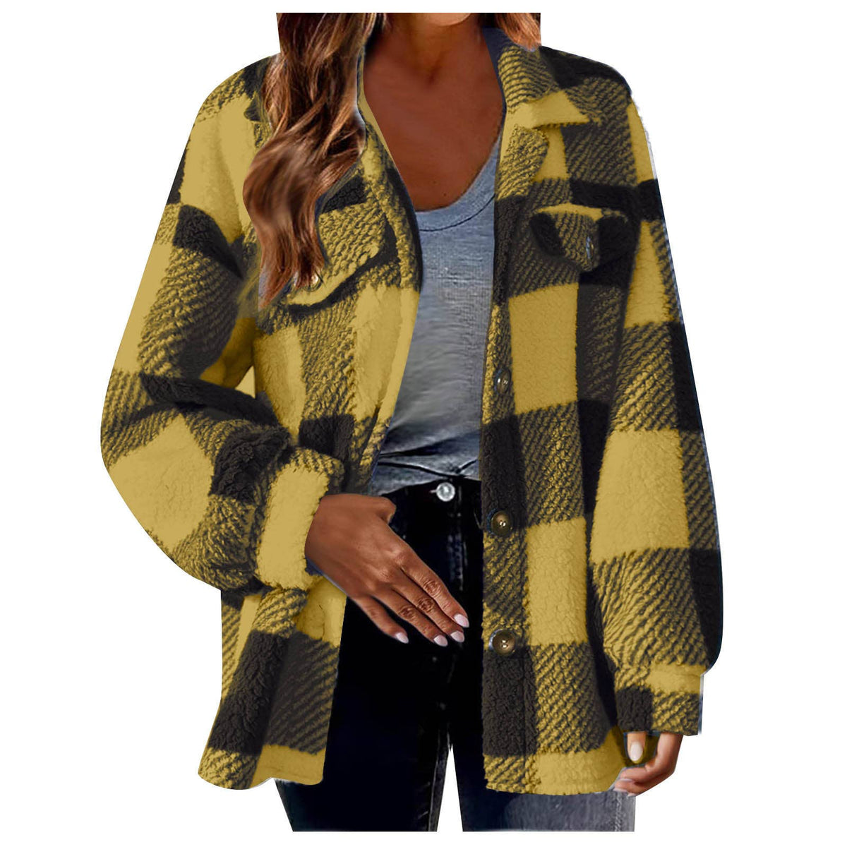Women Plaid Fleece Shacket Button Up Warm Fall Jacket