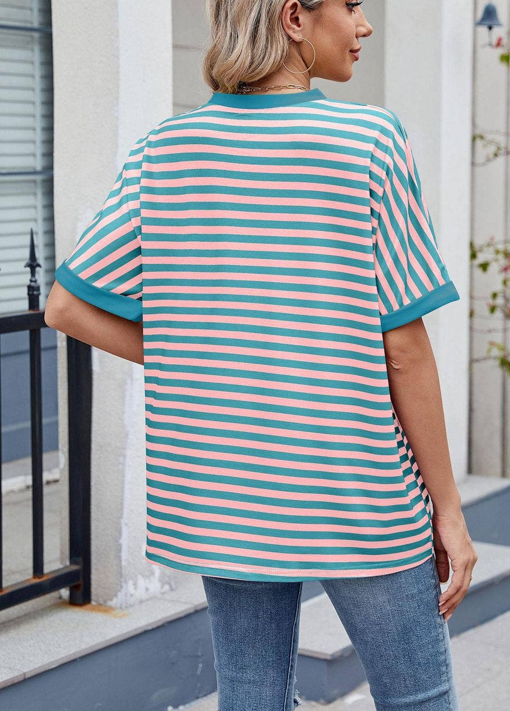 Striped Color Collision Round Neck Loose Short Sleeve T-Shir