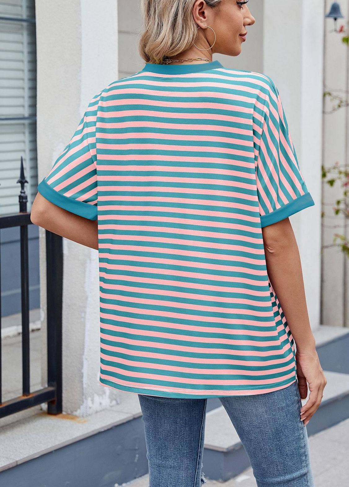 Striped Color Collision Round Neck Loose Short Sleeve T-Shir