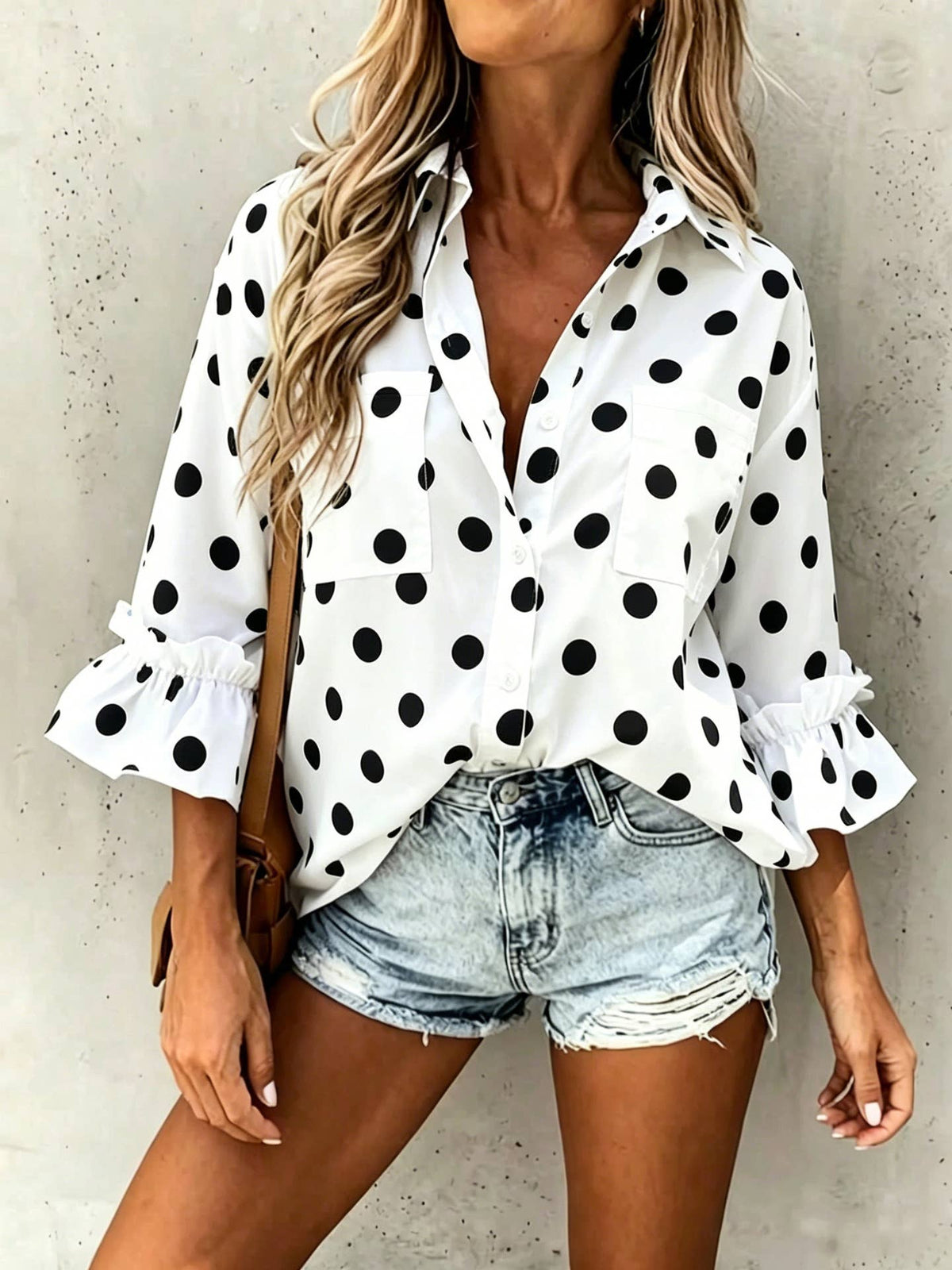 Polka Dots ruffle 3/4 sleeve button up blouse