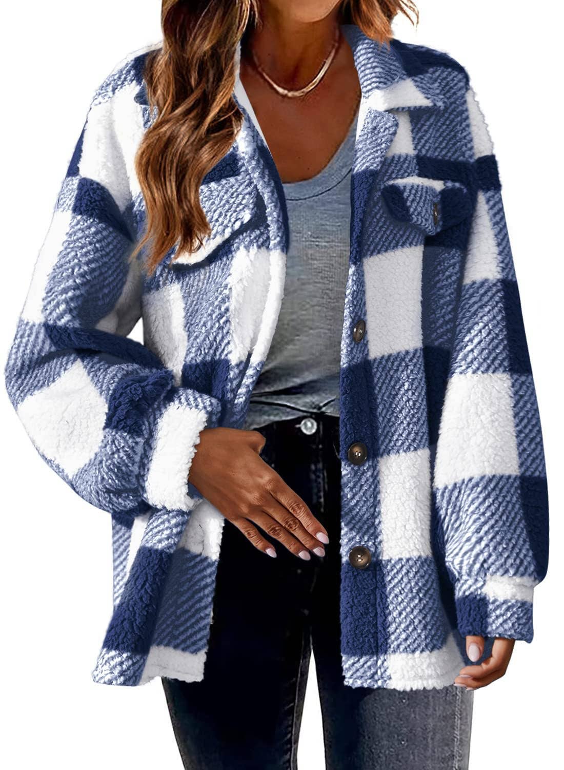 Women Plaid Fleece Shacket Button Up Warm Fall Jacket