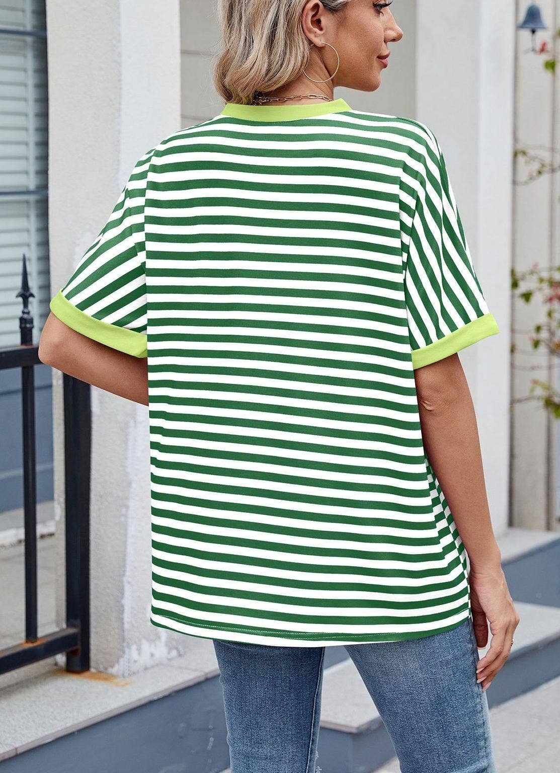 Striped Color Collision Round Neck Loose Short Sleeve T-Shir