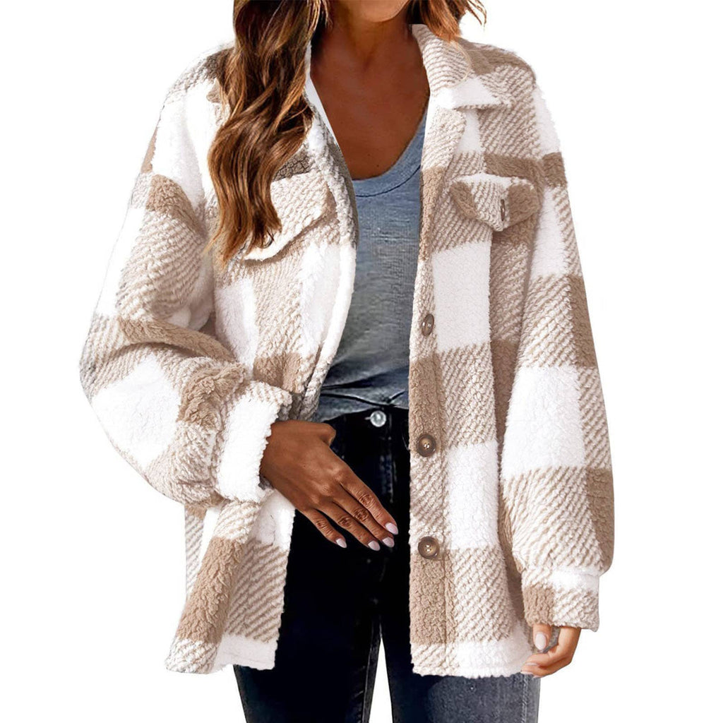 Women Plaid Fleece Shacket Button Up Warm Fall Jacket