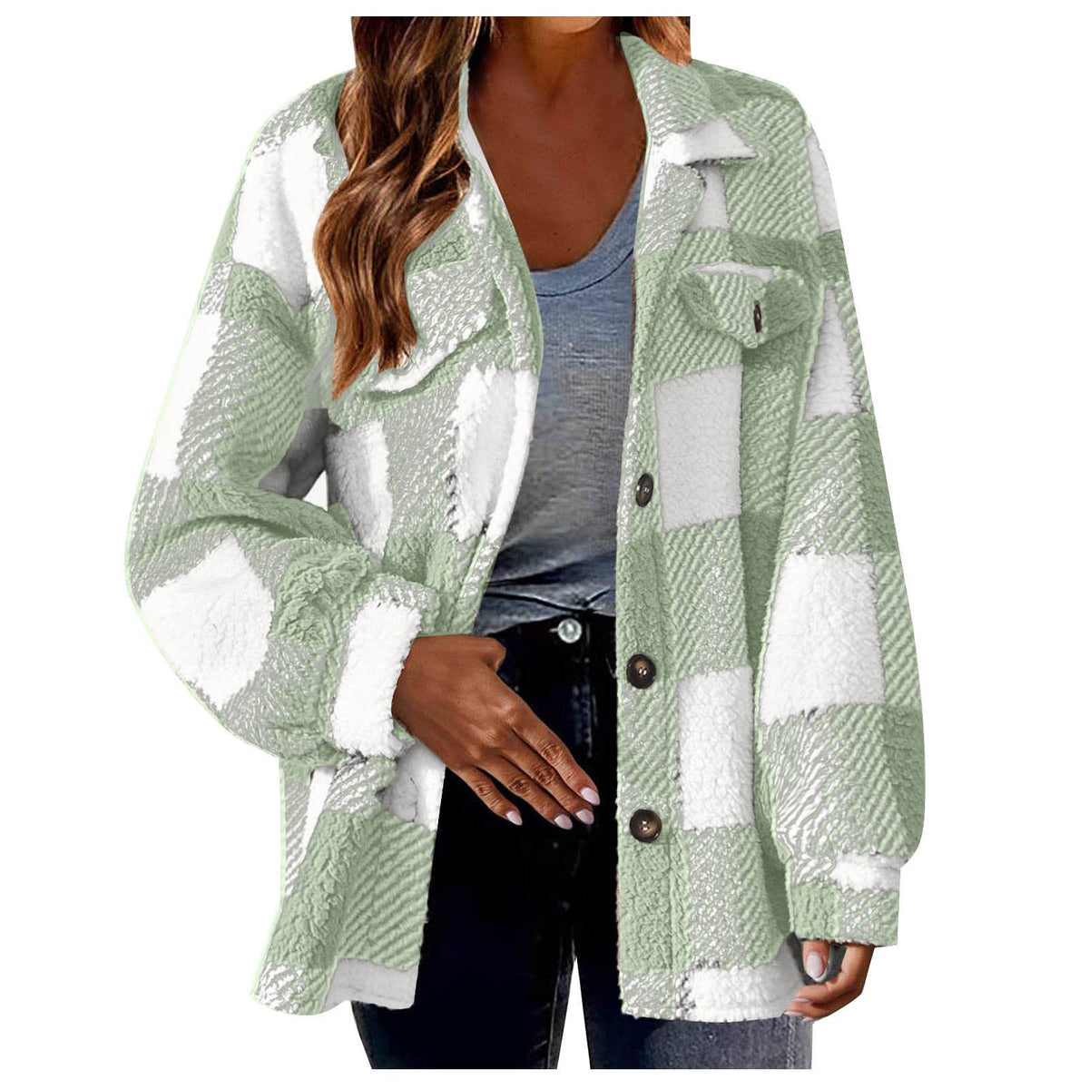Women Plaid Fleece Shacket Button Up Warm Fall Jacket