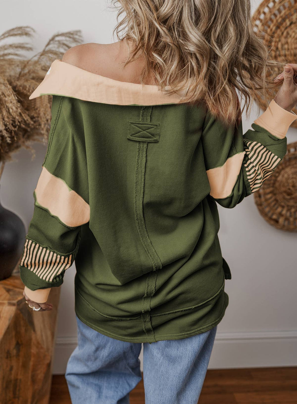 V-Neck Stripe Colorblock Long Sleeve Loose Casual Sweatshirt