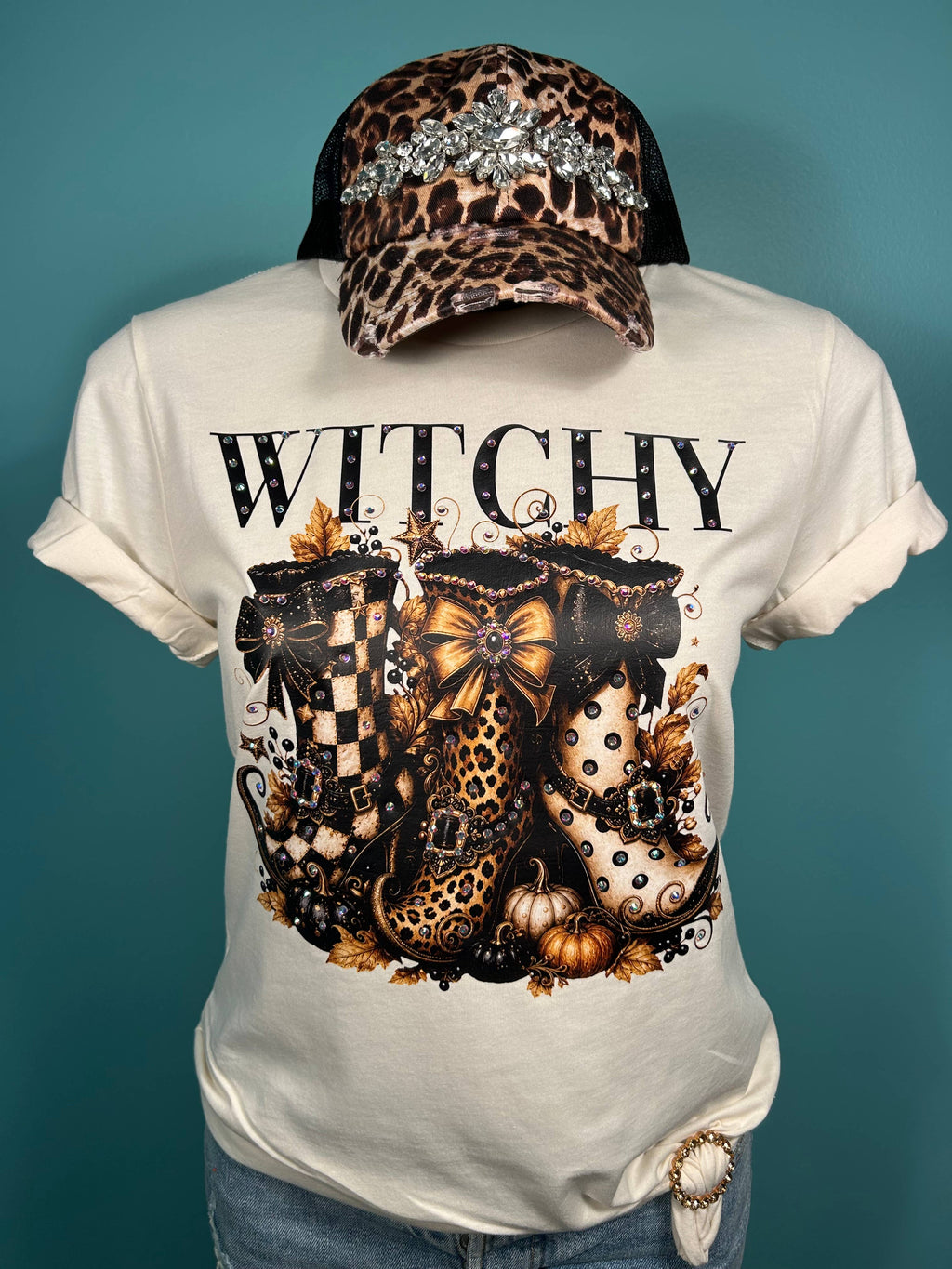 Witchy Boots Blingy Rhinestone Graphic Fall Tee