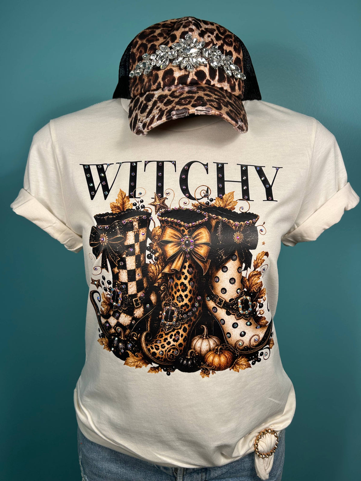 Witchy Boots Blingy Rhinestone Graphic Fall Tee