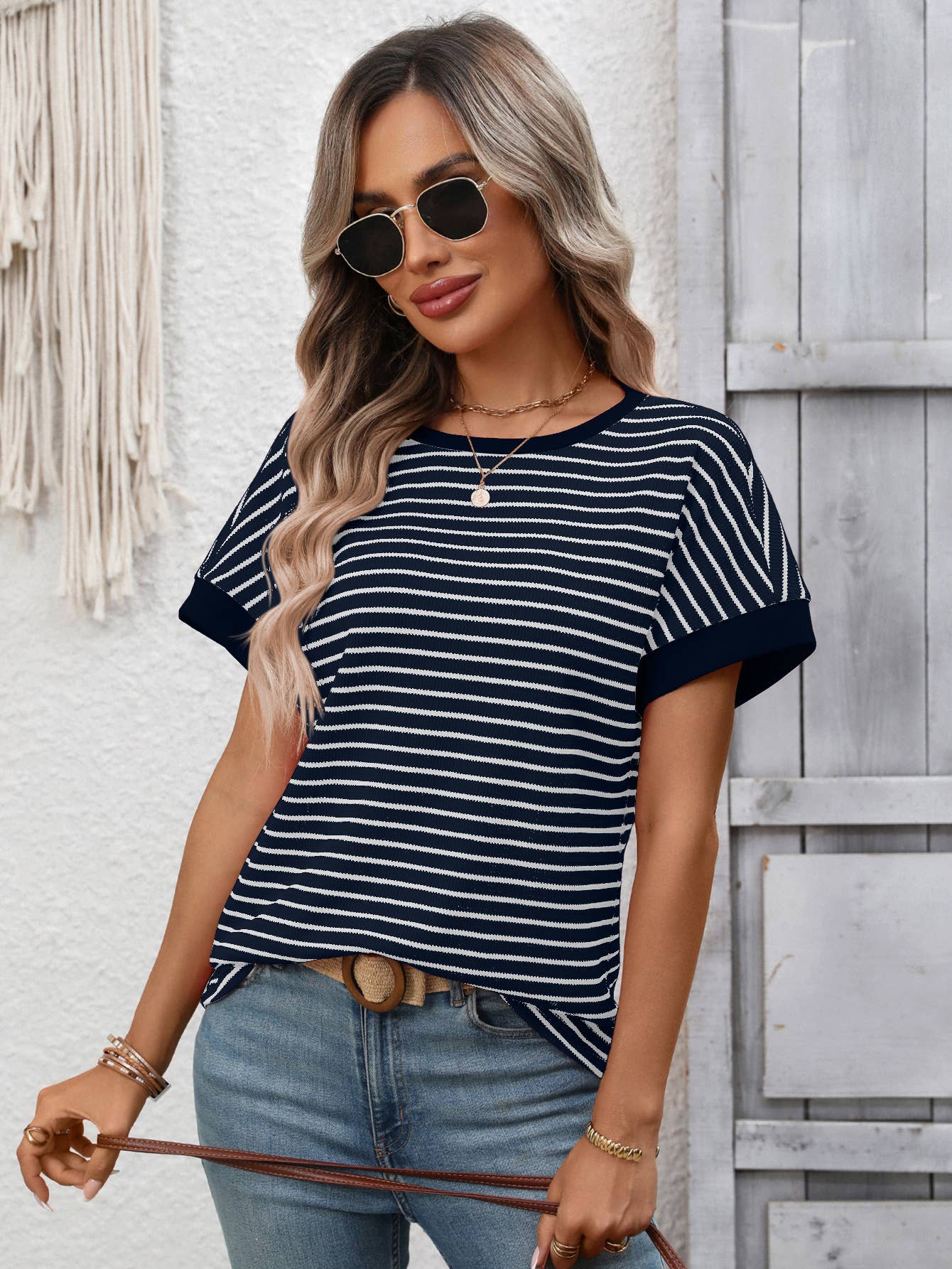 Casual crew-neck patchwork short-sleeved T-shirt