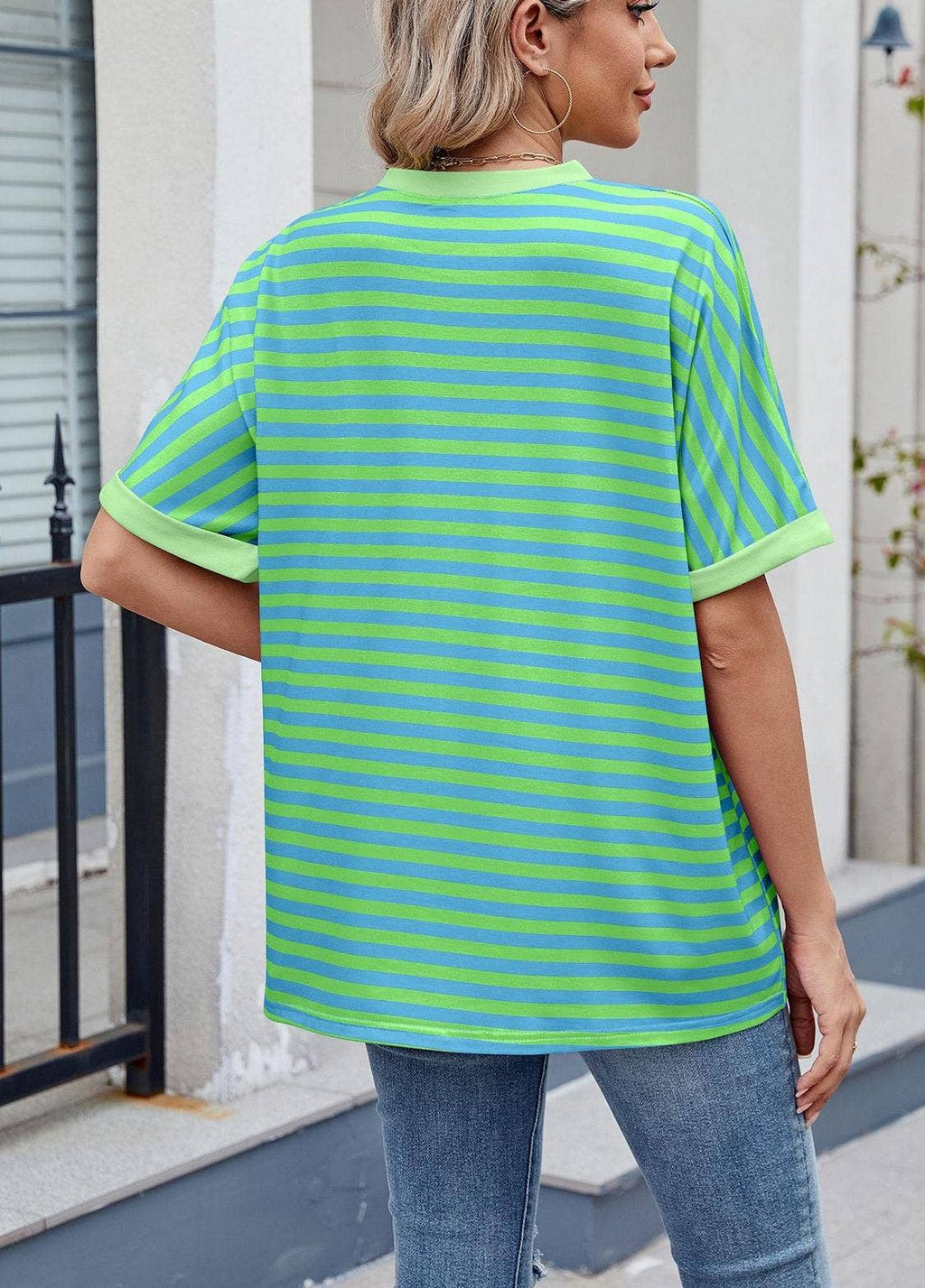 Striped Color Collision Round Neck Loose Short Sleeve T-Shir