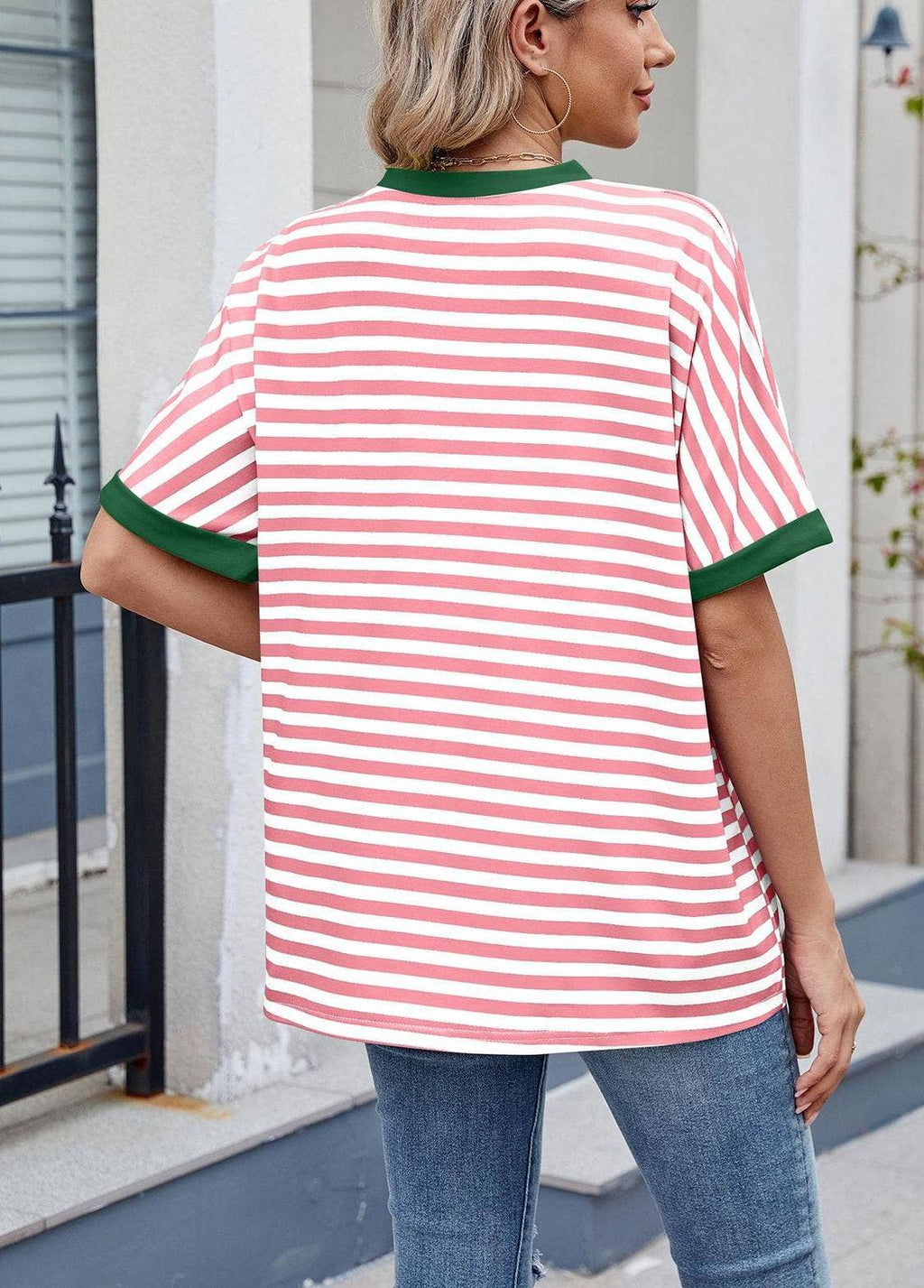 Striped Color Collision Round Neck Loose Short Sleeve T-Shir
