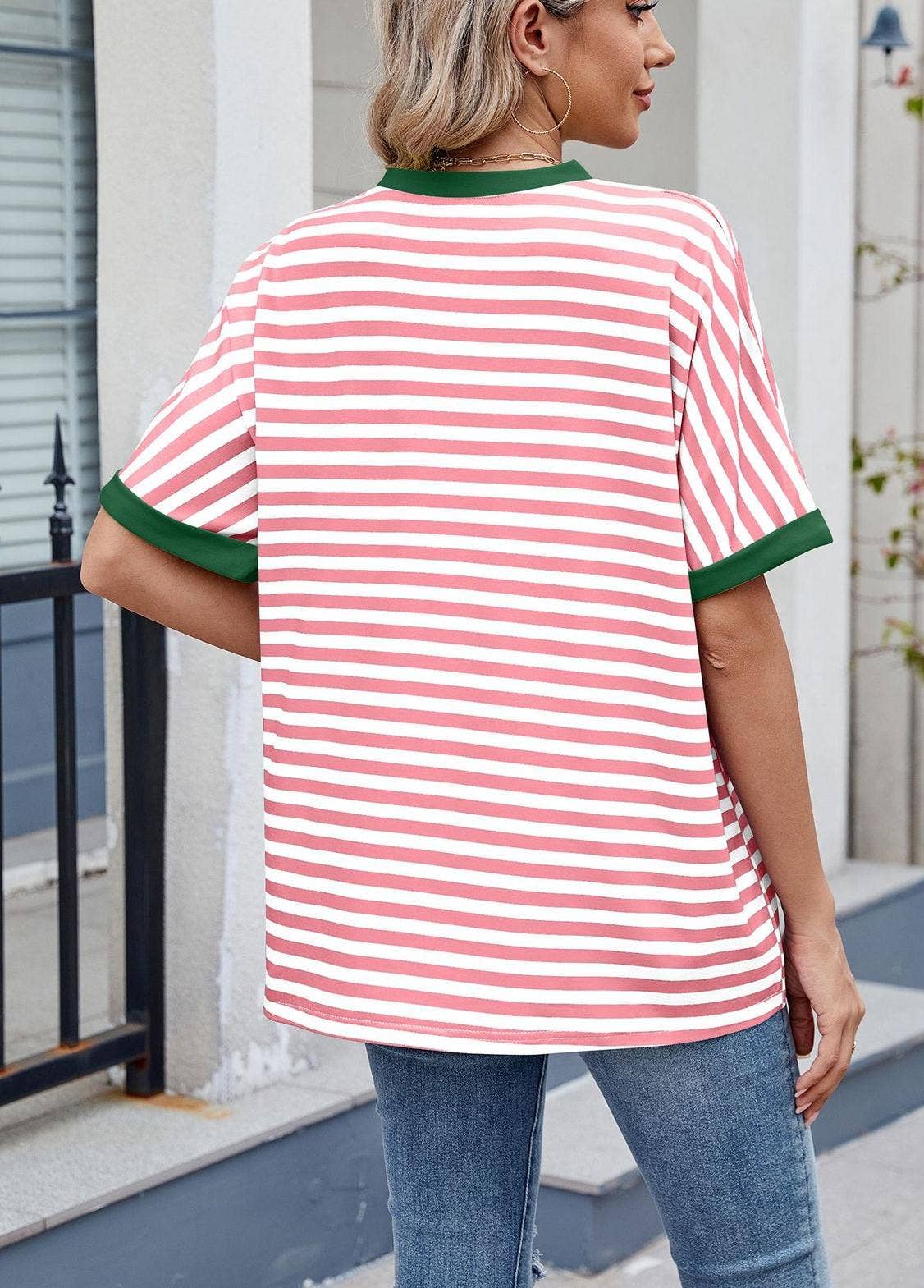 Striped Color Collision Round Neck Loose Short Sleeve T-Shir